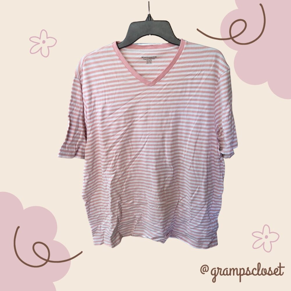 Amazon Essentials Pink and White Striped V-Neck Tee